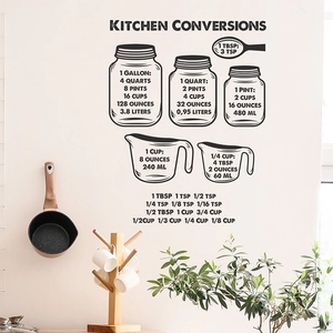 Minimalist black kitchen conversions wall decal with measurement charts on kitchen wall