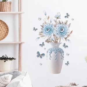 3D embossed wall sticker featuring white vase with blue flowers and butterflies