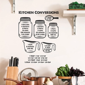 Minimalist vinyl kitchen conversions wall decal showing cooking measurement units and scales