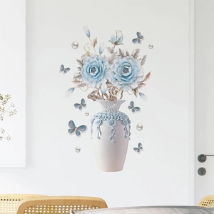 3D relief wall sticker featuring blue roses in white vase with butterflies and pearls