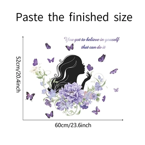 Dettaglio adesivo murale silhouette donna con dimensioni 52x60cm e motivi floreali viola