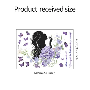 Layout dettagliato degli adesivi murali silhouette donna fiore farfalla misura 60x40cm