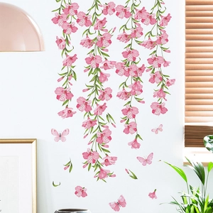 Floral wall sticker with pink lilies and butterflies for bedroom wall decor