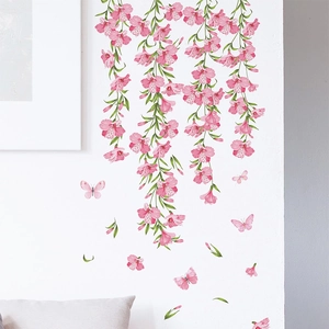 Floral wall decal with pink flower vines and butterflies for living room decoration