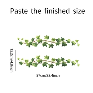 Detailed view of green ivy vine wall stickers with size measurements on white background