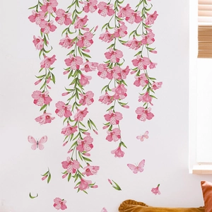 Modern PVC Pink Lily Flower Vine Wall Stickers Waterproof Butterfly Wall Decals For Bedroom Living Room Home Decoration