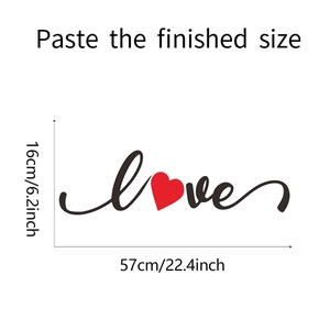 Detailed dimensions showing 16x57cm for LOVE cursive wall sticker with red heart
