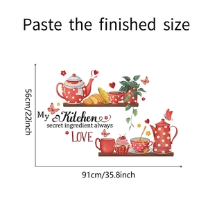 Detail showing kitchen wall decals with teapot and coffee cups, measuring 91cm x 56cm