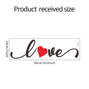 Black script Love wall sticker with red heart detail showing 18x60 cm product dimensions