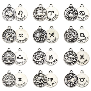 Antique silver zodiac charm set with celestial symbols and personality traits for DIY jewelry