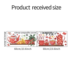 Layout and dimensions of kitchen wall stickers with teapot and coffee motifs
