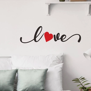 Modern black LOVE wall sticker with a red heart for bedroom and living room decor