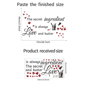 Detailed size guide for kitchen wall decal showing layout and 44x73cm finished dimensions