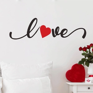 Minimalist LOVE wall decal with red heart for bedroom decor and living room aesthetic