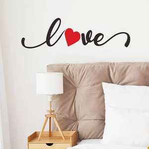 Minimalist LOVE wall decal with red heart for home bedroom and living room decor