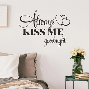 Always Kiss Me Goodnight wall sticker with black artistic lettering and heart accents