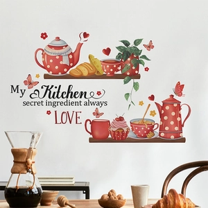 Creative kitchen wall sticker with red teapot coffee cups and LOVE slogan decor