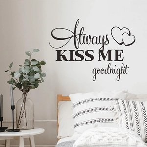 Minimalist Always Kiss Me Goodnight black vinyl wall decal with heart for bedroom decor