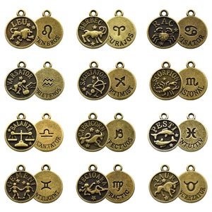 Set of 12 vintage bronze zodiac coin pendants showing double-sided embossed details
