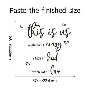 Detailed size specifications for the This Is Us family wall sticker measuring 57 by 59 cm