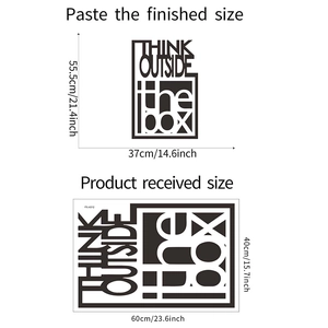 Detailed dimensions of Think Outside the Box wall sticker showing layout and finished sizes