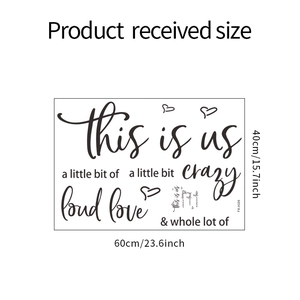 Detail view of the quote wall sticker showing dimensions of 60cm by 40cm and text