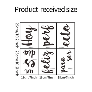 Vue détaillée de 6 stickers muraux espagnols avec spécifications de dimensions