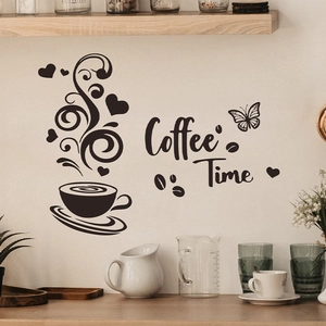 Minimalist black Coffee Time wall sticker with coffee cup and butterfly for kitchen decor