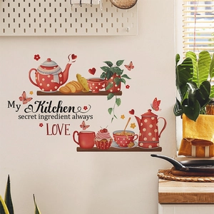 Creative kitchen wall decals with teapot and slogan My Kitchen secret ingredient is LOVE