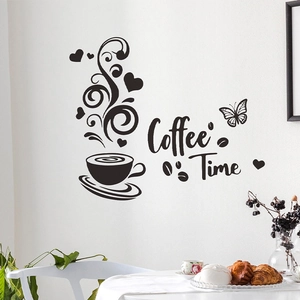 Creative Coffee Time wall sticker with cup and hearts on white wall for cafe decor