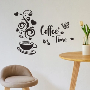 Coffee Time wall decal with coffee cup, beans and hearts for cafe or home decor