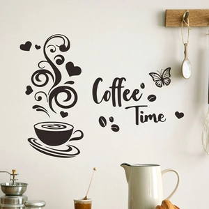 Creative Coffee Time wall sticker with cup heart and butterfly motifs for cafe decoration
