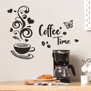 Creative Coffee Cup Wall Sticker Coffee Time PVC DIY Art Decal For Cafe Kitchen Living Room Home Decor Black Stickers