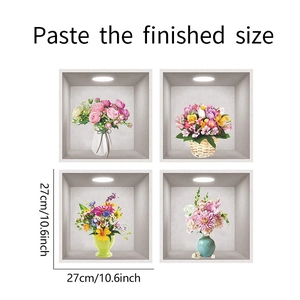 Detail of set of 4 3D floral wall stickers with potted plants in white niches
