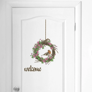 Adesivo murale corona di fiori Welcome con uccello per decorazione porta di casa