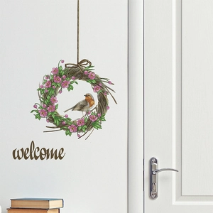 Adesivo da Parete in PVC Impermeabile Con Ghirlanda Floreale Uccello Pettirosso e Slogan Welcome Per Porta Soggiorno Decorazione Casa