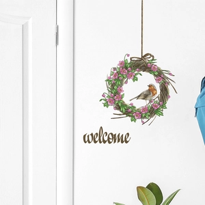 Adesivo murale Welcome stile acquerello con ghirlanda floreale e uccello per la porta