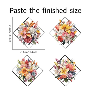 Detail showing colorful painted floral wall decals on a black mesh grid pattern