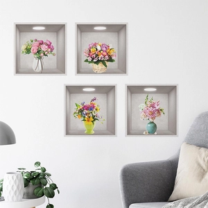 3D floral wall decals featuring realistic potted flowers in niches for home wall decor