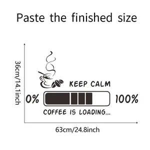Size chart for Keep Calm coffee wall sticker measuring 63x36cm with loading bar design