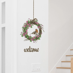 Adesivo murale ghirlanda di fiori Welcome con pettirosso per decoro ingresso