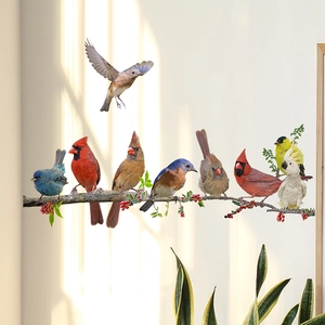 Realistic birds and branches wall stickers for living room decor with natural shadows