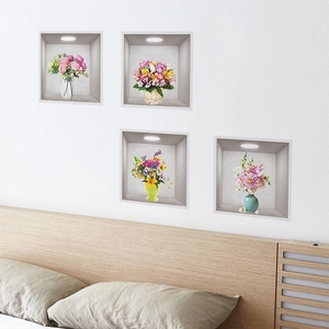 3D realistic floral wall stickers with 4-piece gray niche design for home decor