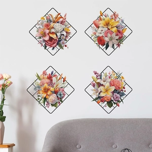 Modern floral wall decals with black geometric mesh frames for home living room decor