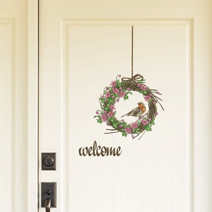 Adesivo murale ghirlanda di fiori con pettirosso e scritta welcome per decorazione
