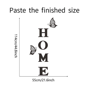 Detailed dimension guide for HOME wall decal featuring butterfly silhouettes and vertical text