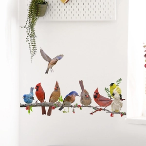 Realistic birds and branches wall stickers for living room decor with colorful nature patterns