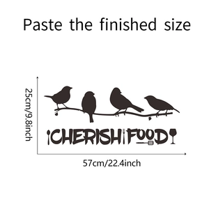 Detail view of Cherish Food wall sticker with birds and cutlery icons in black vinyl
