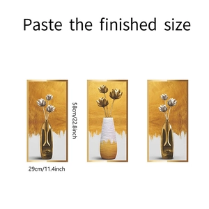 Three-piece wall decal set showing dimensions for 3D embossed flower vase art stickers