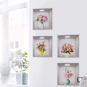 3D realistic floral niche wall decals featuring potted pink roses and daisies for home decor